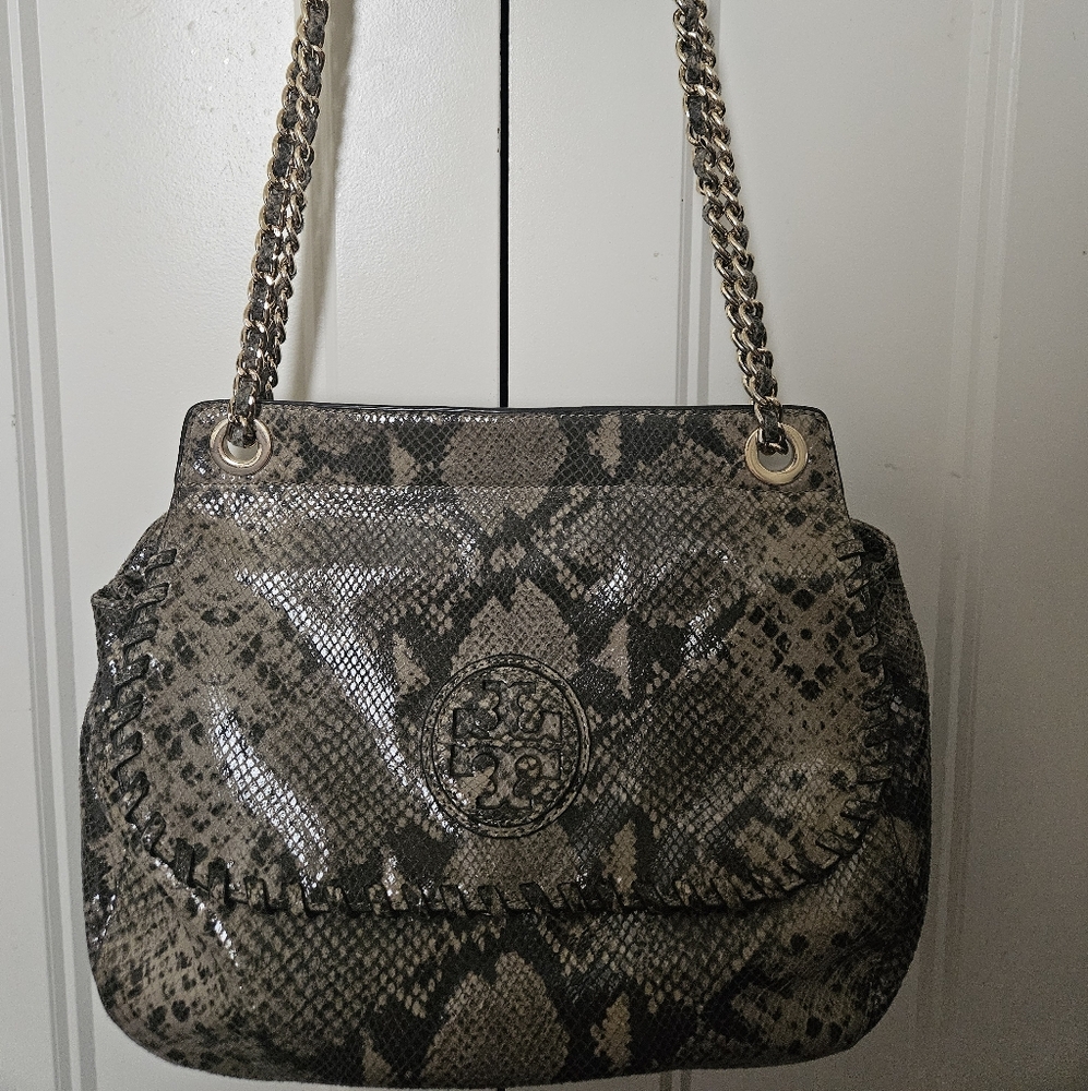 Tory Burch Black and Gray Shoulder Bag with Snakeskin Pattern